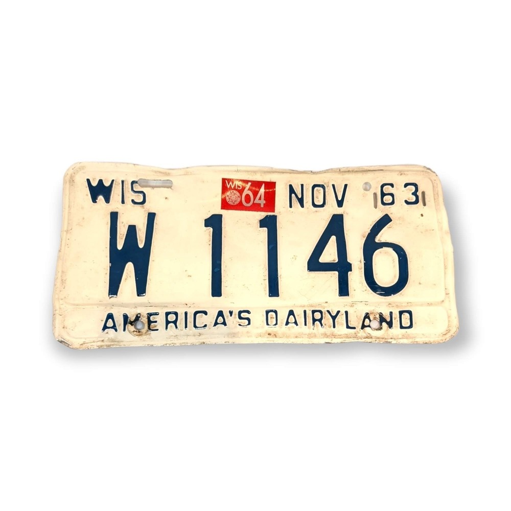 Wisconsin Vintage License Plate Nov 1963-64 W 1146 White Auto Collectible